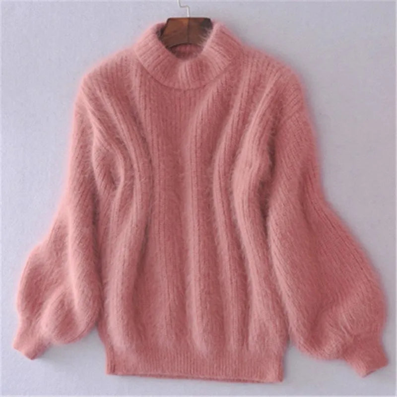 Soft Fluffy Mock-Neck Cozy Knit Sweater