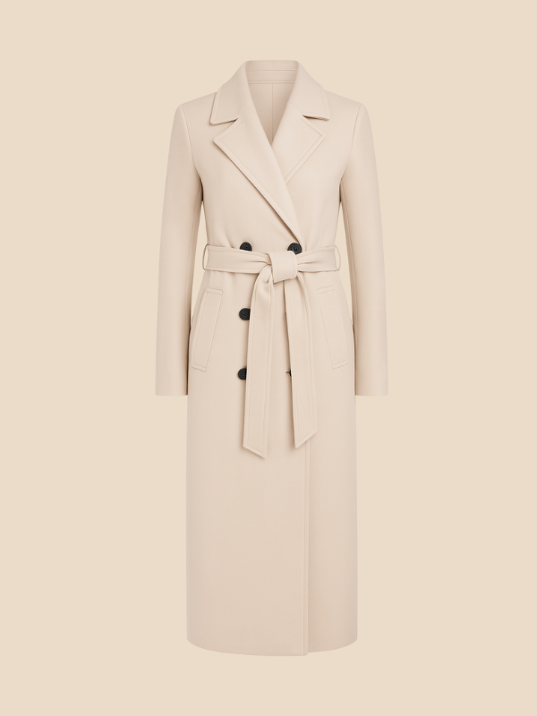 Women’s Long Belted Double-Breasted Wool Trench Coat
