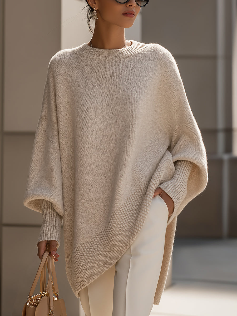 Relaxed Knit Poncho Sweater with Ribbed Cuffs