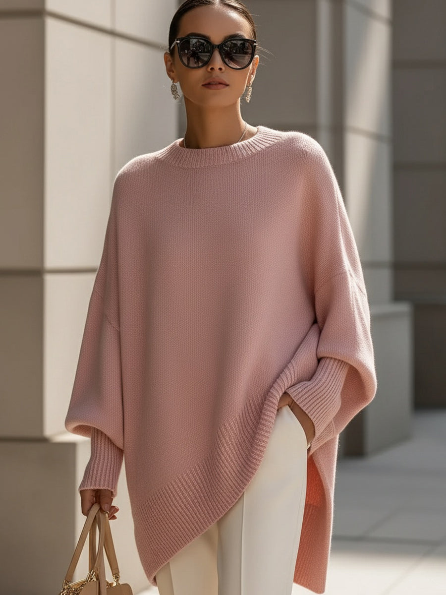 Relaxed Knit Poncho Sweater with Ribbed Cuffs