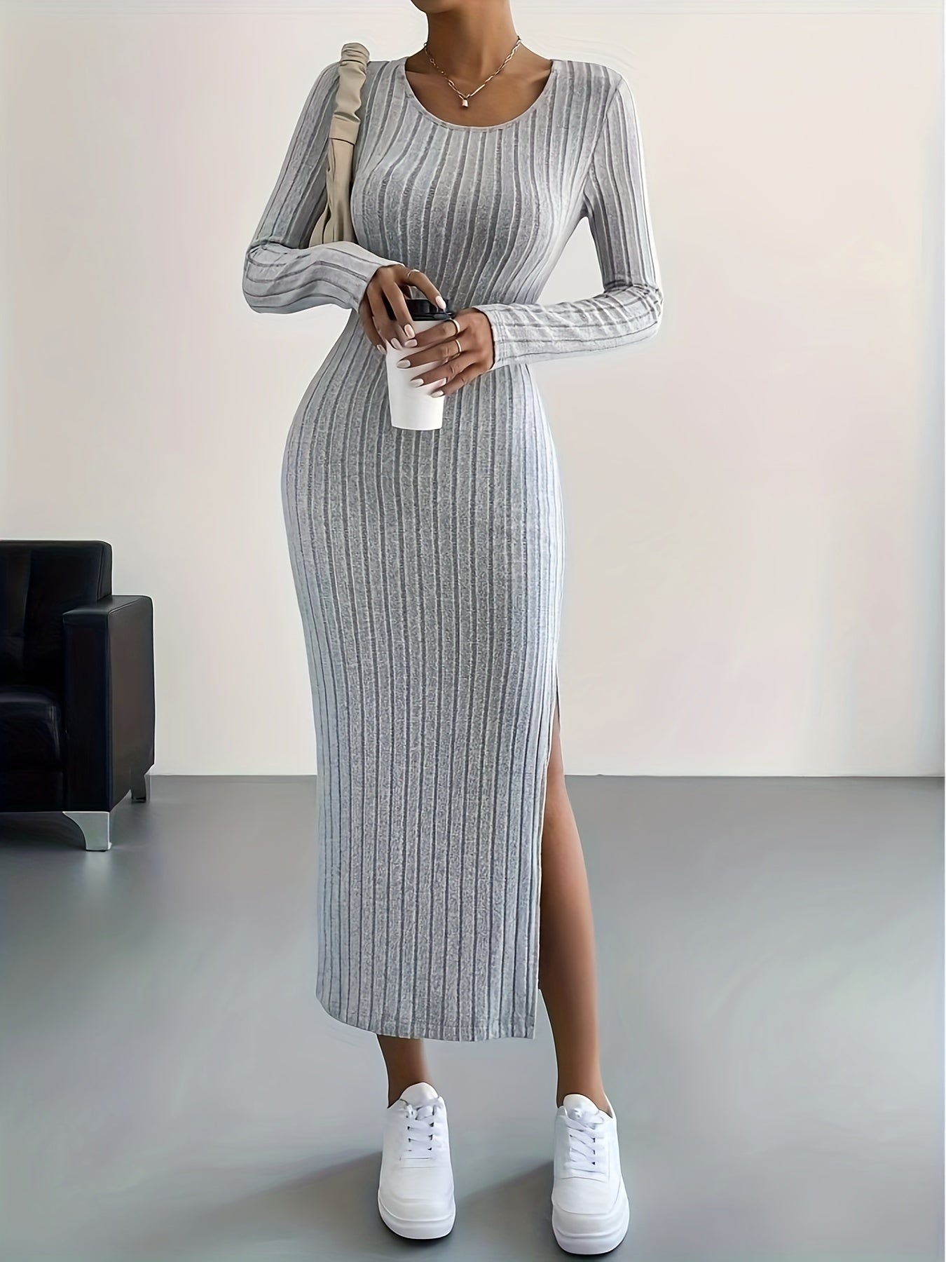 Long Sleeve Ribbed Knit Maxi Dress for Effortless Comfort