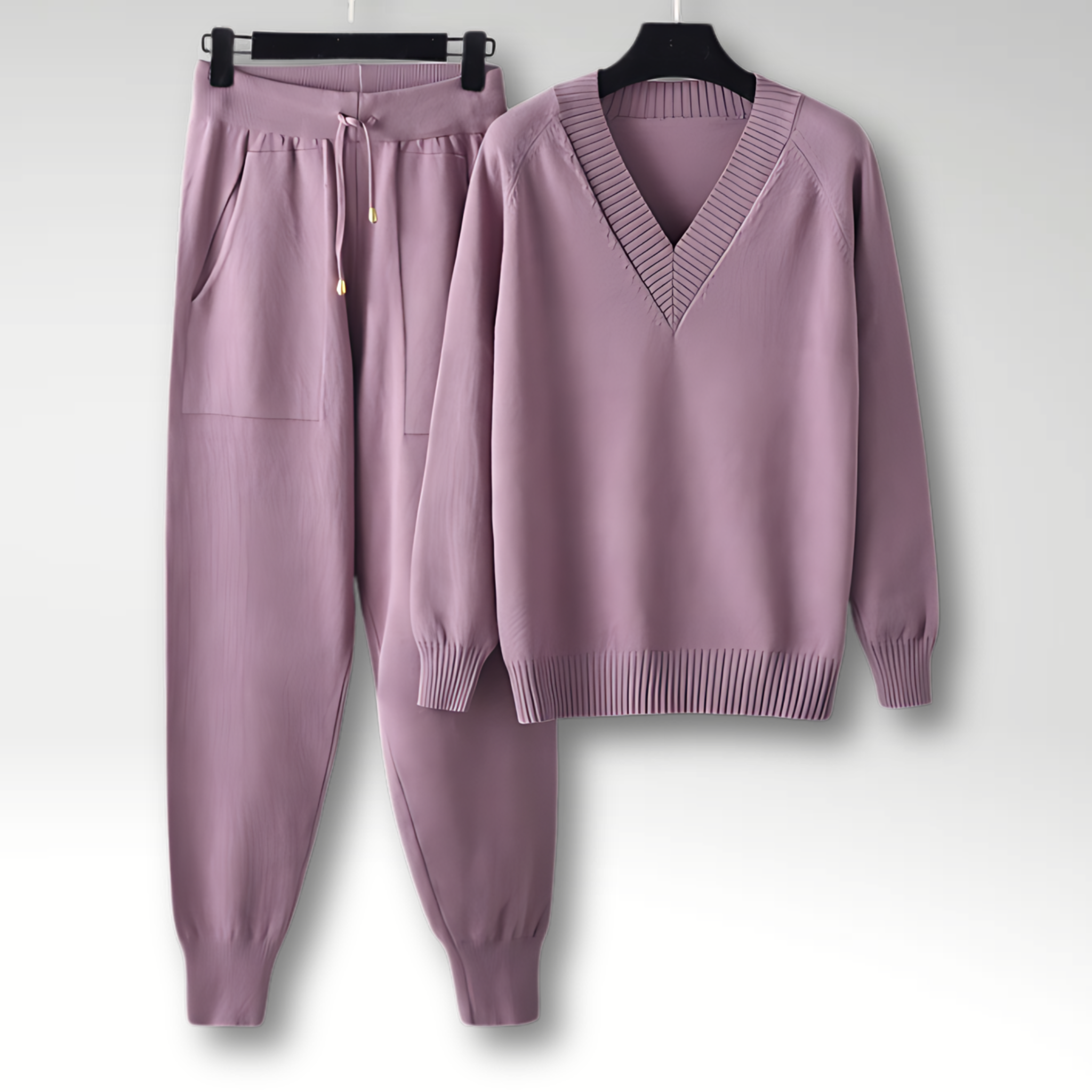 V Neck Knit Lounge Set with Relaxed Fit Pants