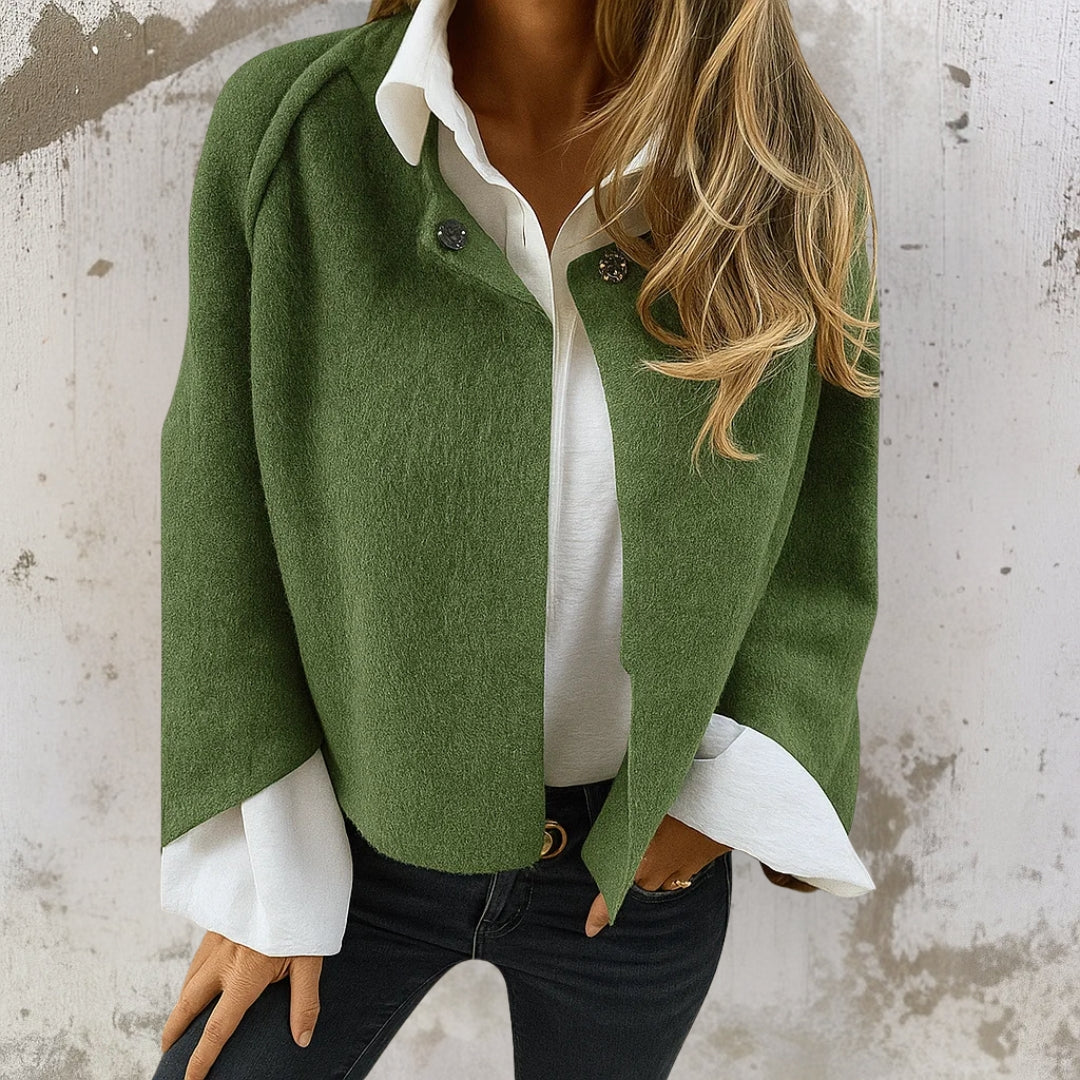 Cozy Button-Front Wool-Blend Cape Jacket