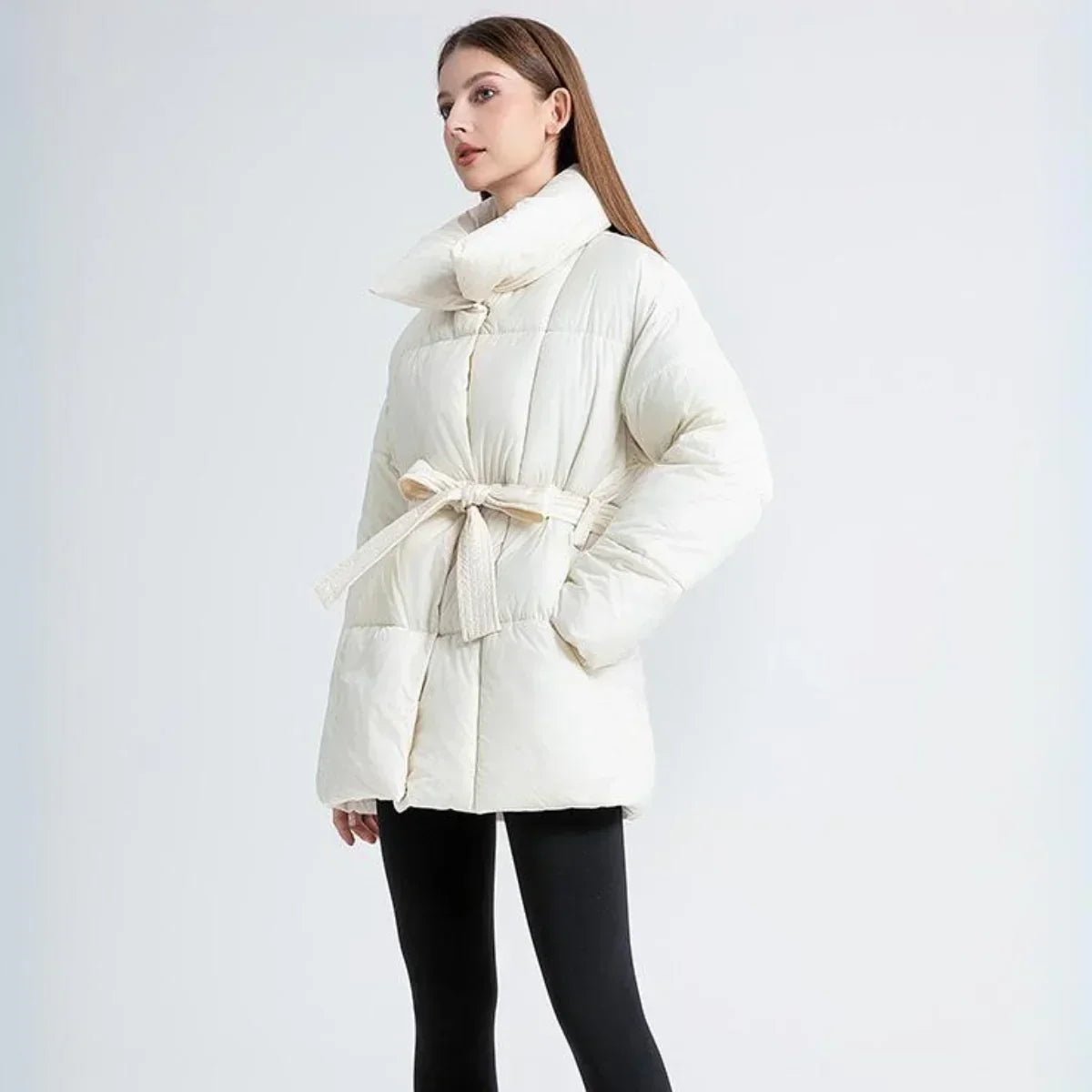 Belted High-Neck Puffer Winter Jacket