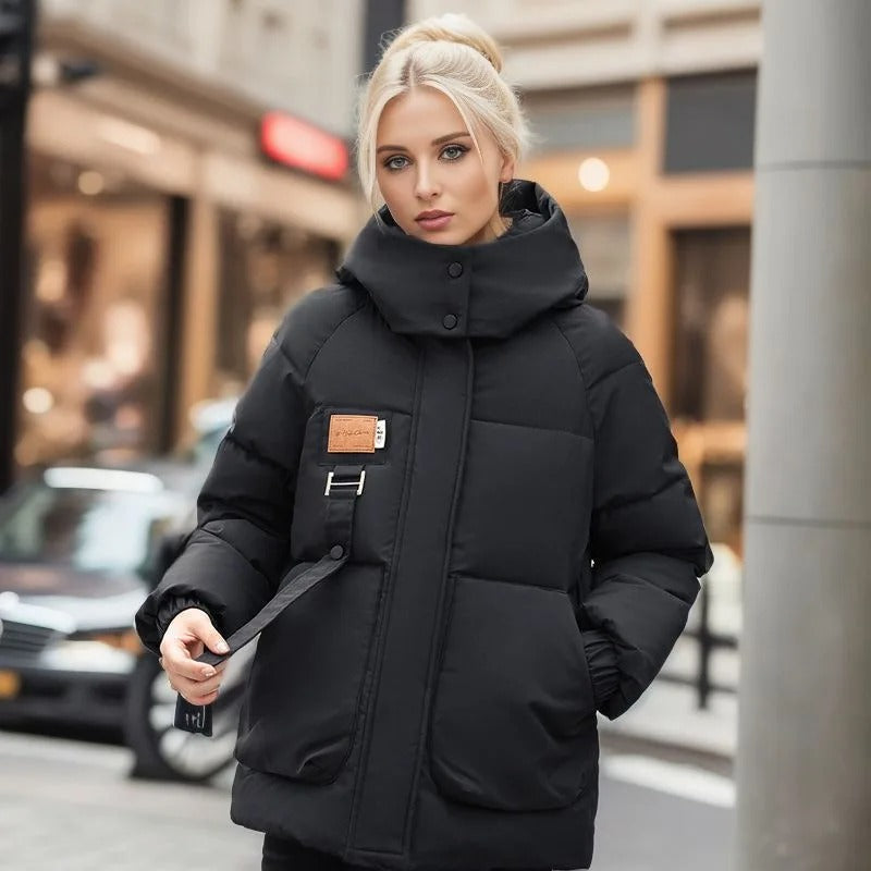 Women’s Short Puffer Jacket with Warm Insulation and Hood