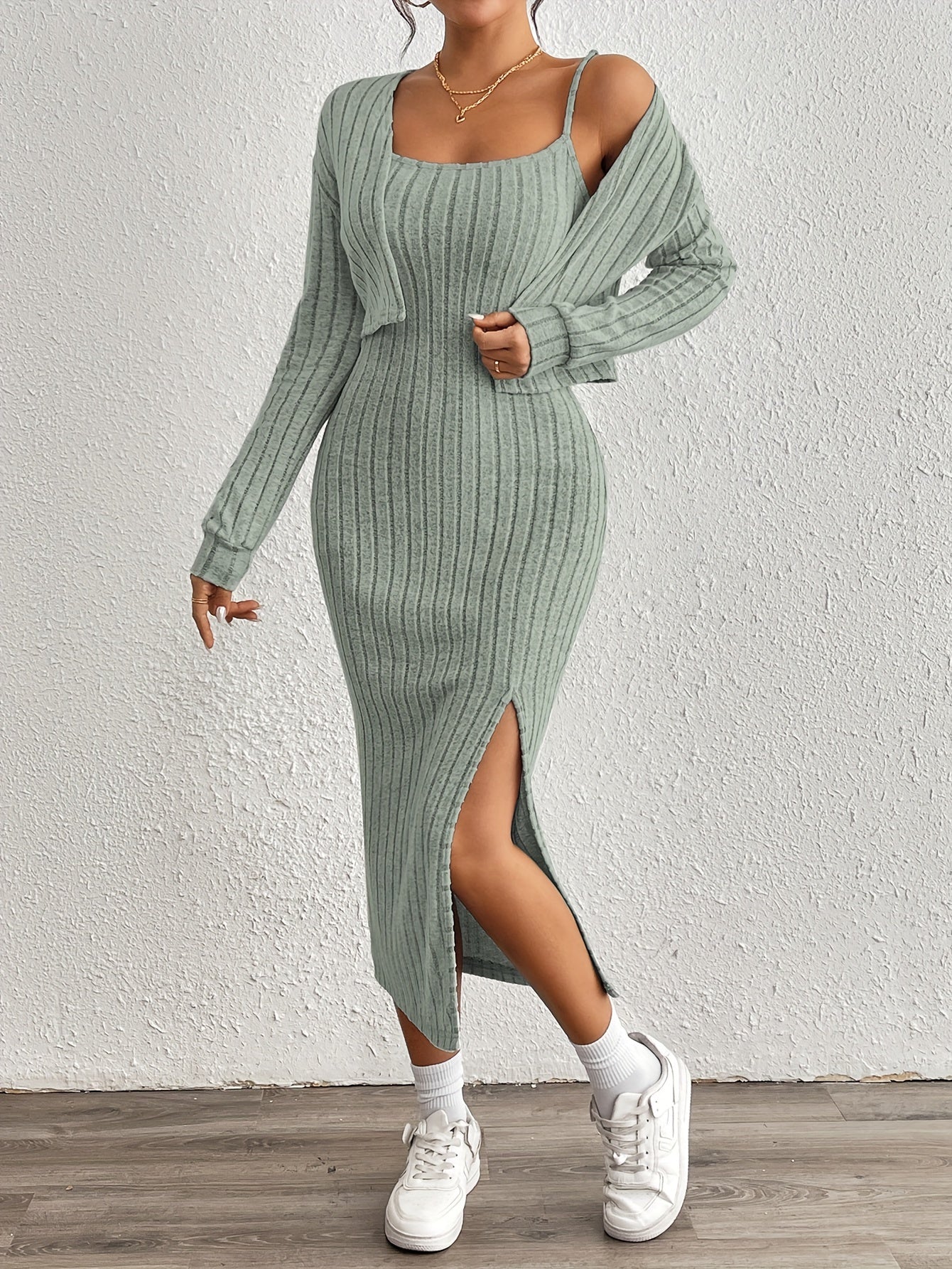 Long Sleeve Ribbed Knit Midi Dress with Side Slit for Casual Style