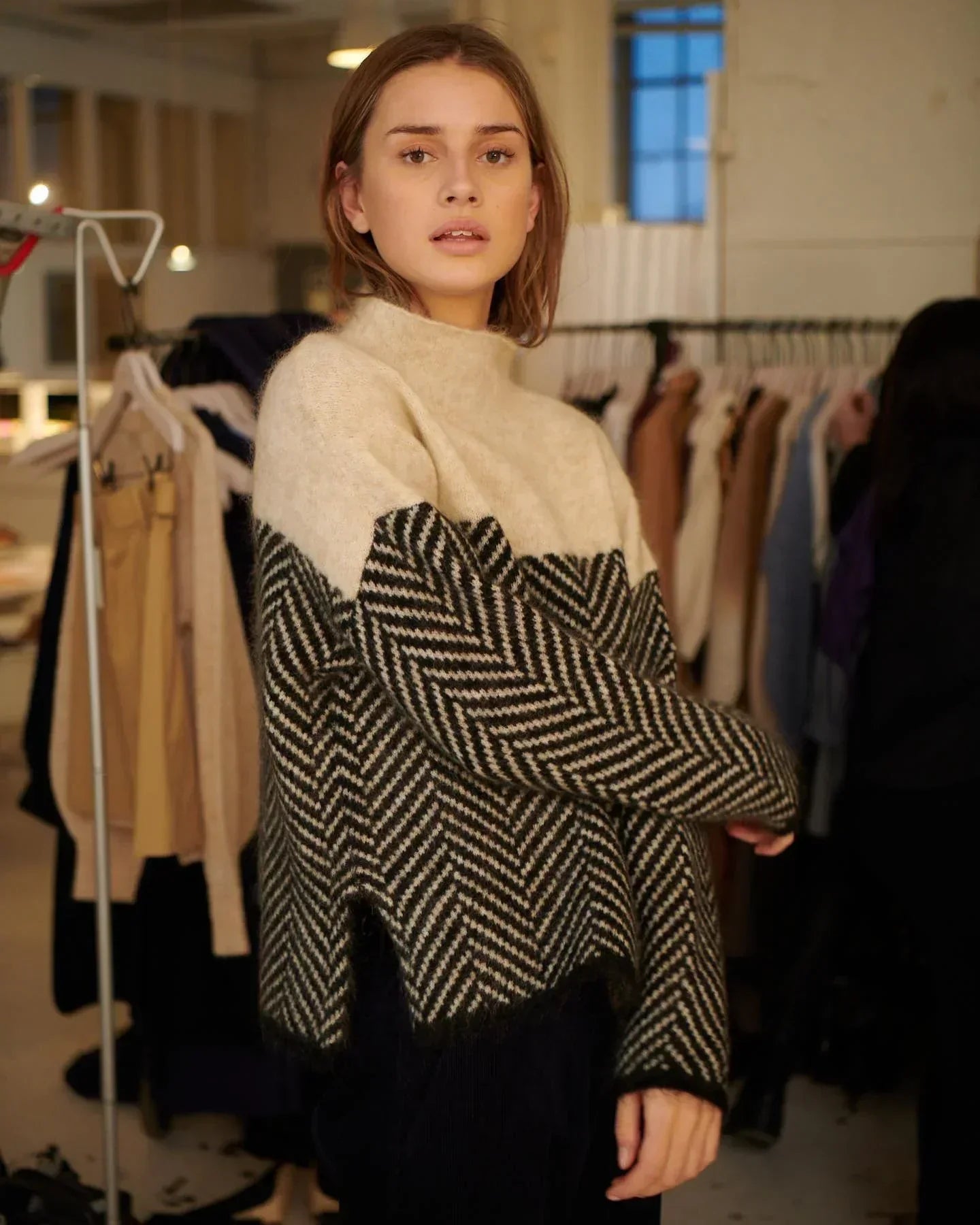 Cozy Oversized Chevron Knit Turtleneck Sweater