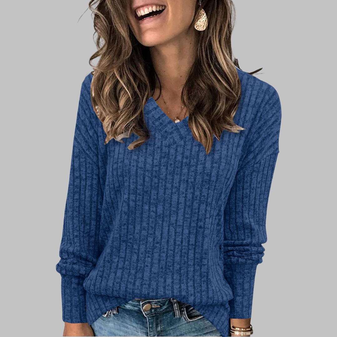 Ribbed V-Neck Long Sleeve Knit Top