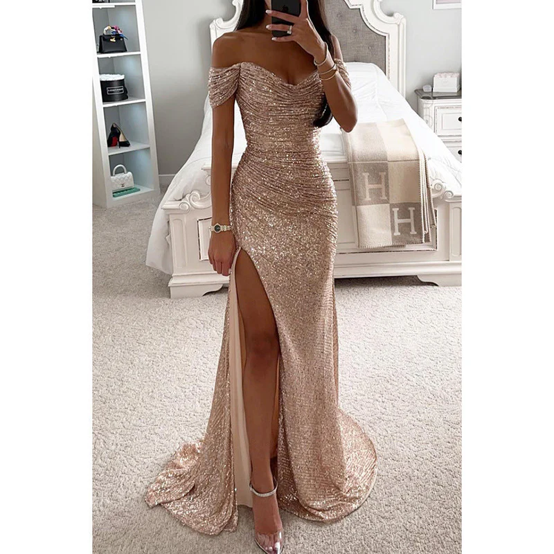 Off-Shoulder Sequin Maxi Gown with High Slit