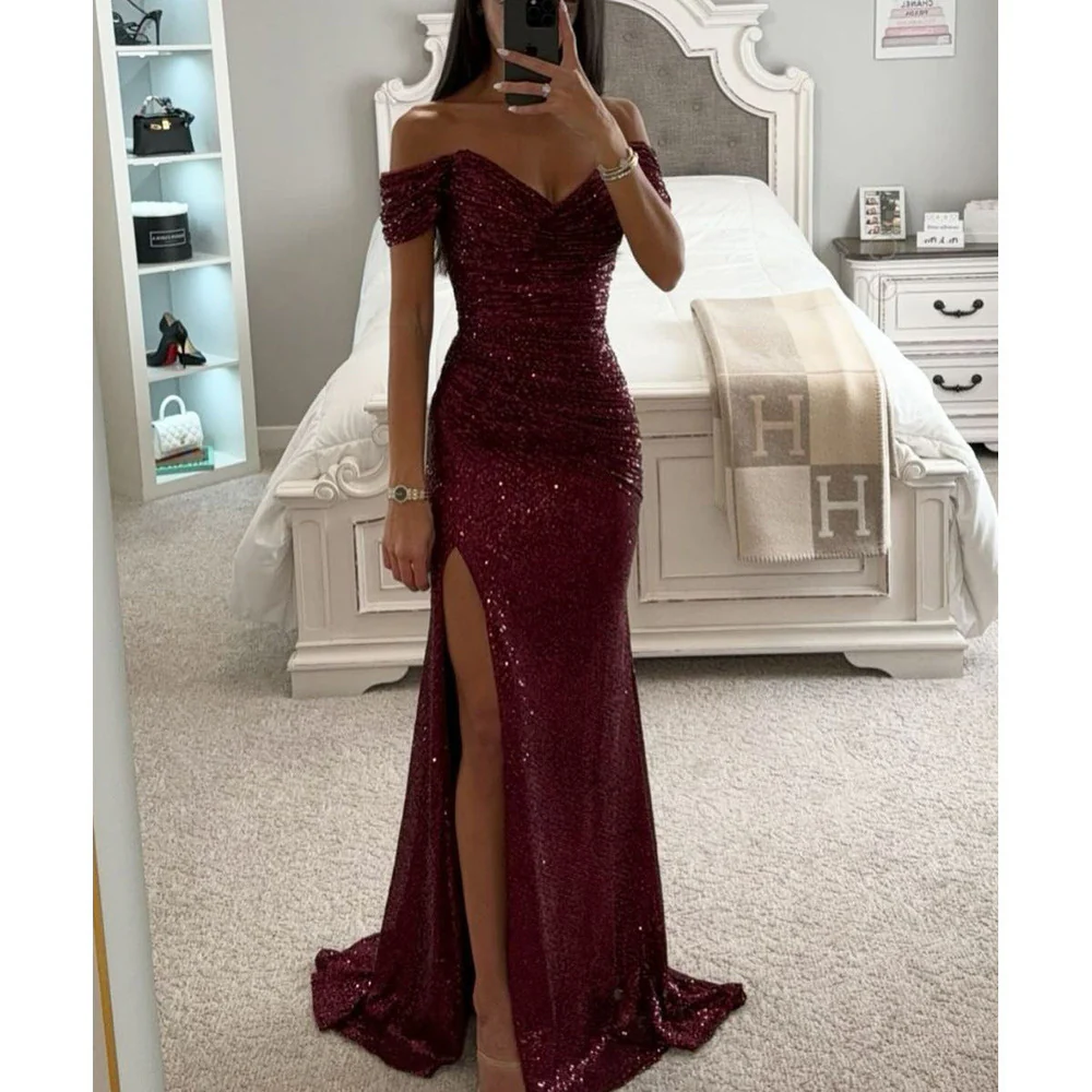 Off-Shoulder Sequin Maxi Gown with High Slit