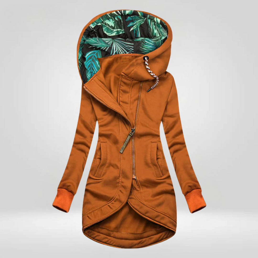 Asymmetrical Zip Hooded Jacket with Printed Lining