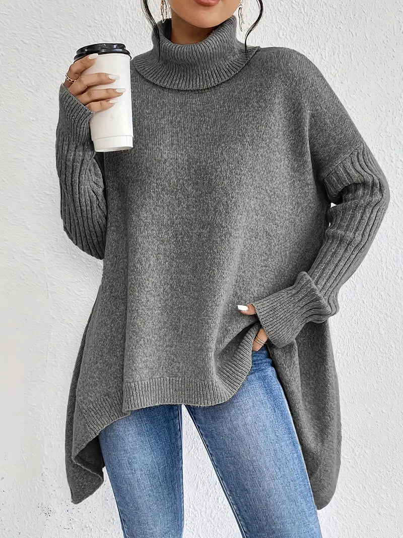 Relaxed Turtleneck Knit Sweater with Side Slit Detail