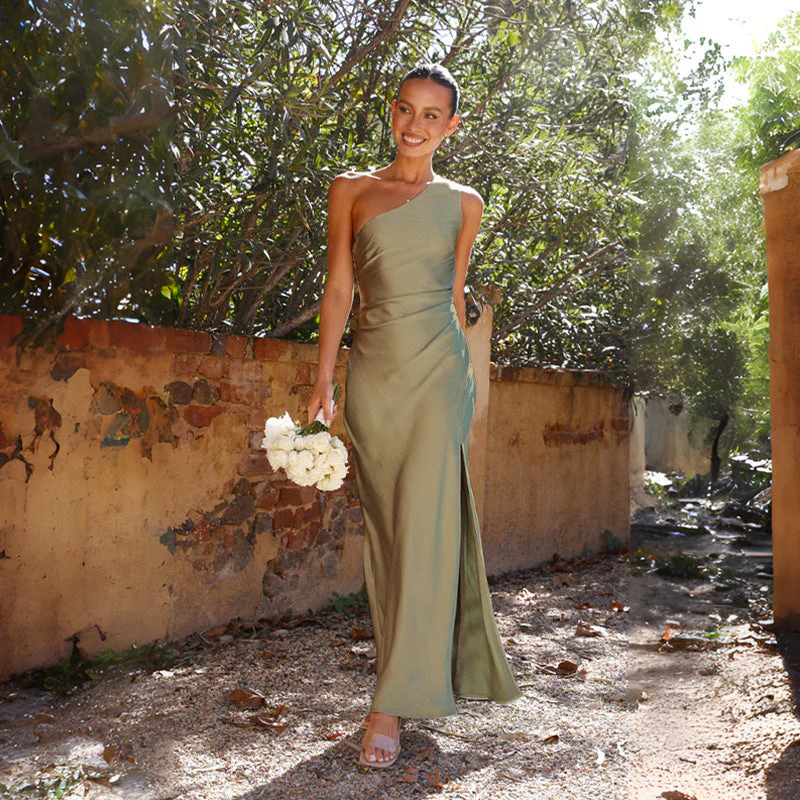 One-Shoulder Satin Draped Slit Evening Gown