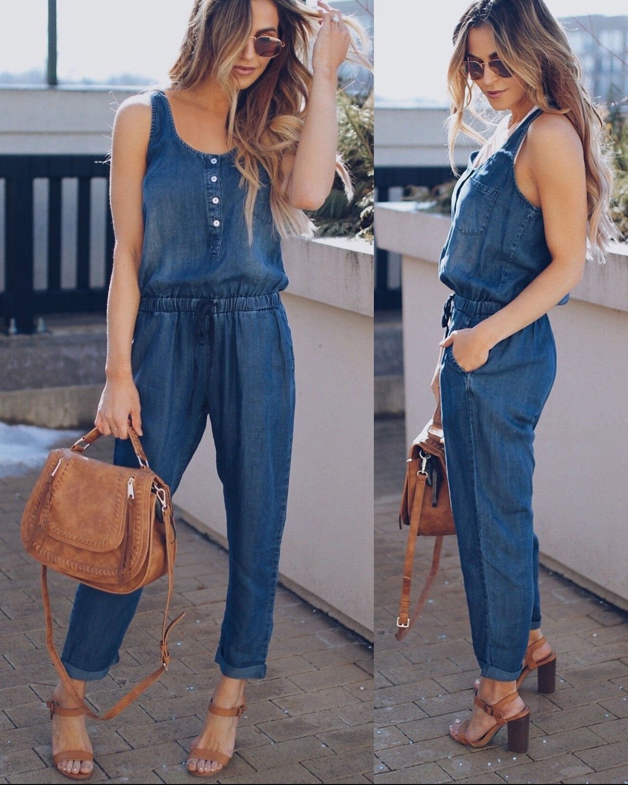 Sleeveless Button-Front Casual Women’s Denim Jumpsuit