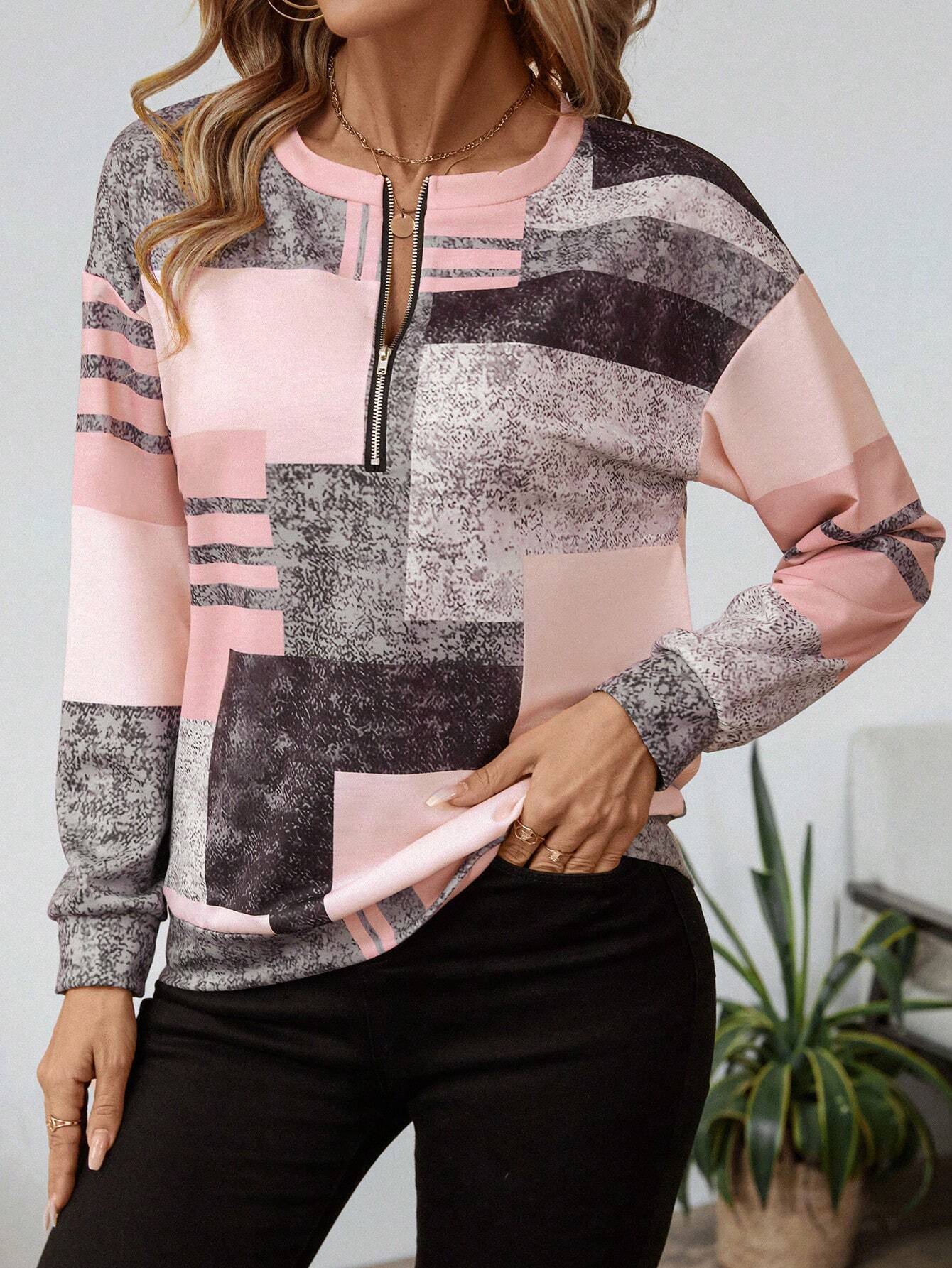 Abstract Print Zip Neck Top for Modern Everyday Style