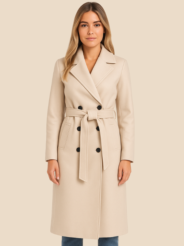 Women’s Long Belted Double-Breasted Wool Trench Coat