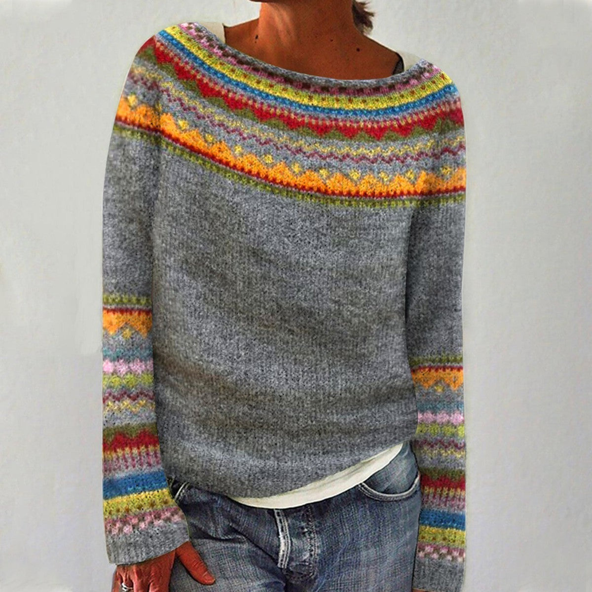 Fair Isle Pattern Boat Neck Knit Sweater