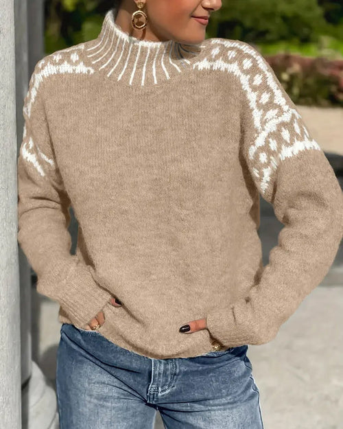 High Neck Patterned Knit Long Sleeve Sweater
