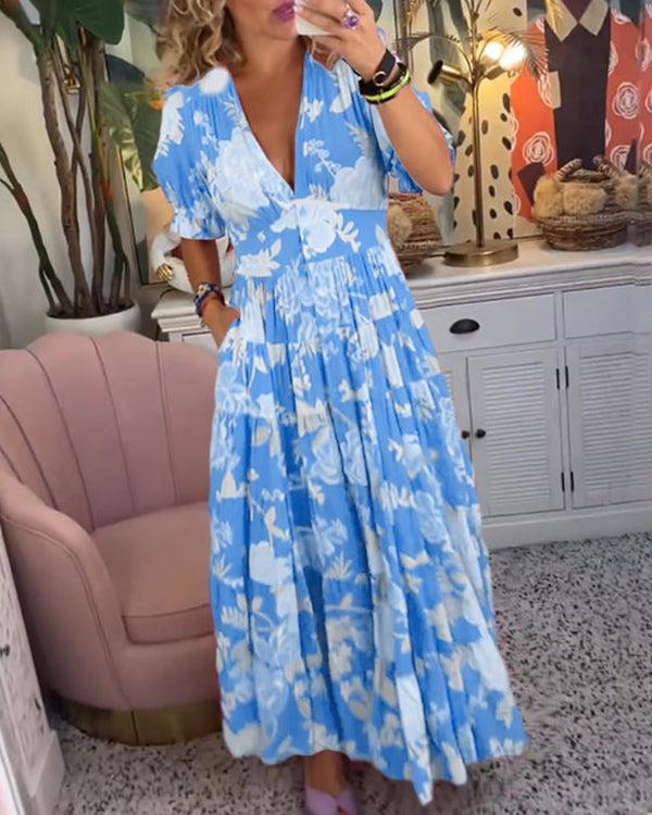Floral V-Neck Short-Sleeve Boho Maxi Dress for Women