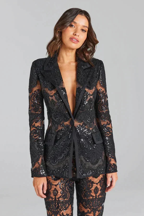 Women’s Lace Blazer and Flared Pants Two-Piece Set