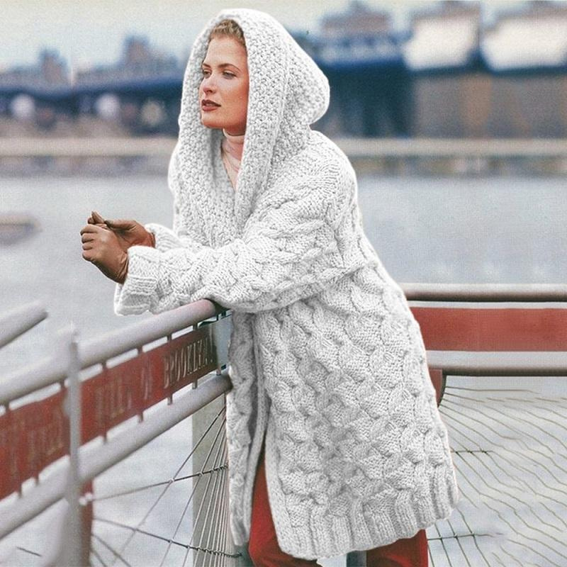 Chunky Cable Knit Hooded Long Cardigan