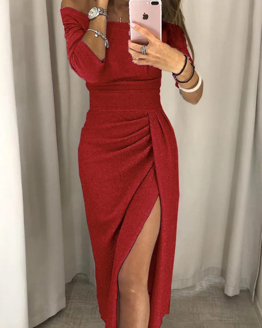 Elegant One-Shoulder Glitter Maxi Dress with High Slit