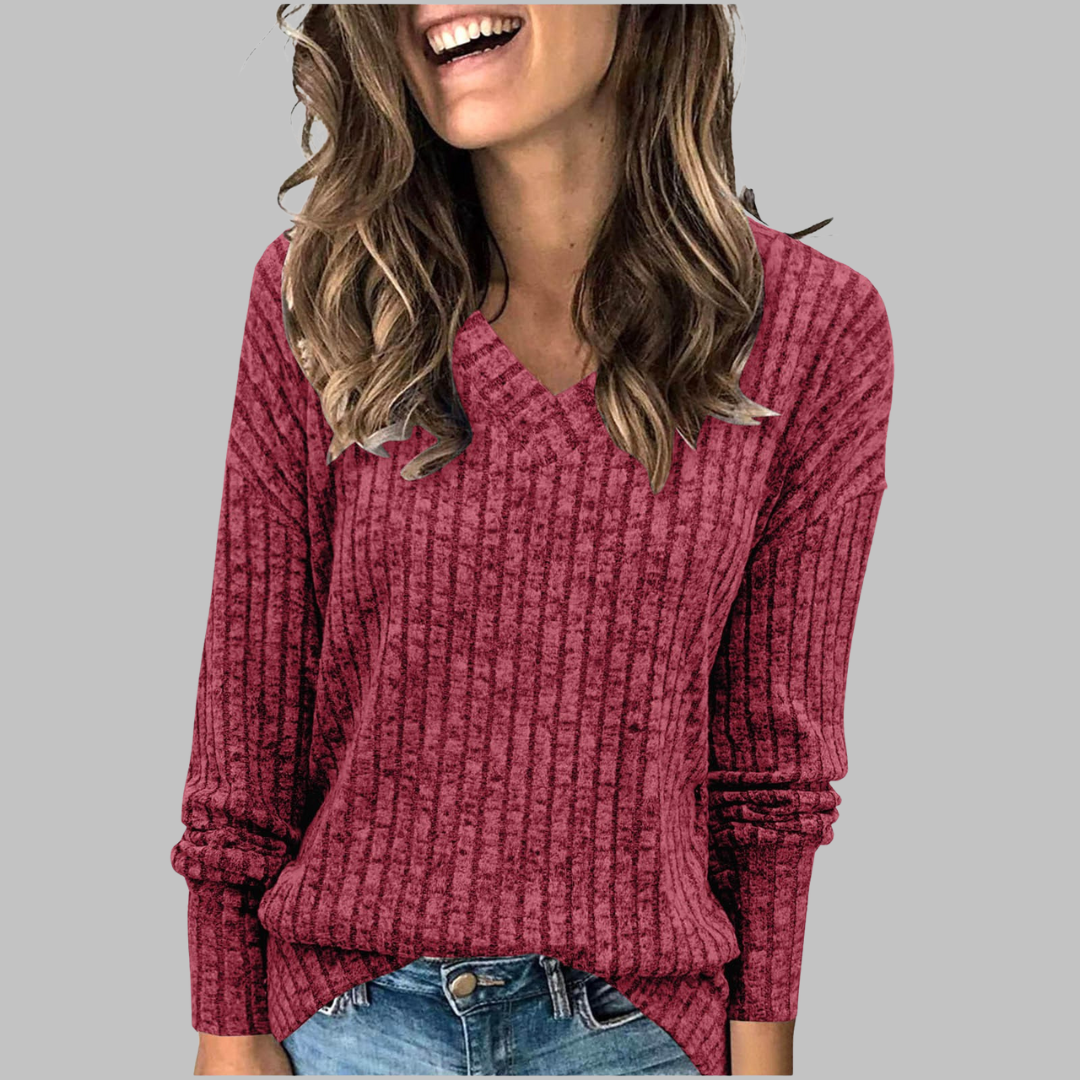 Ribbed V-Neck Long Sleeve Knit Top