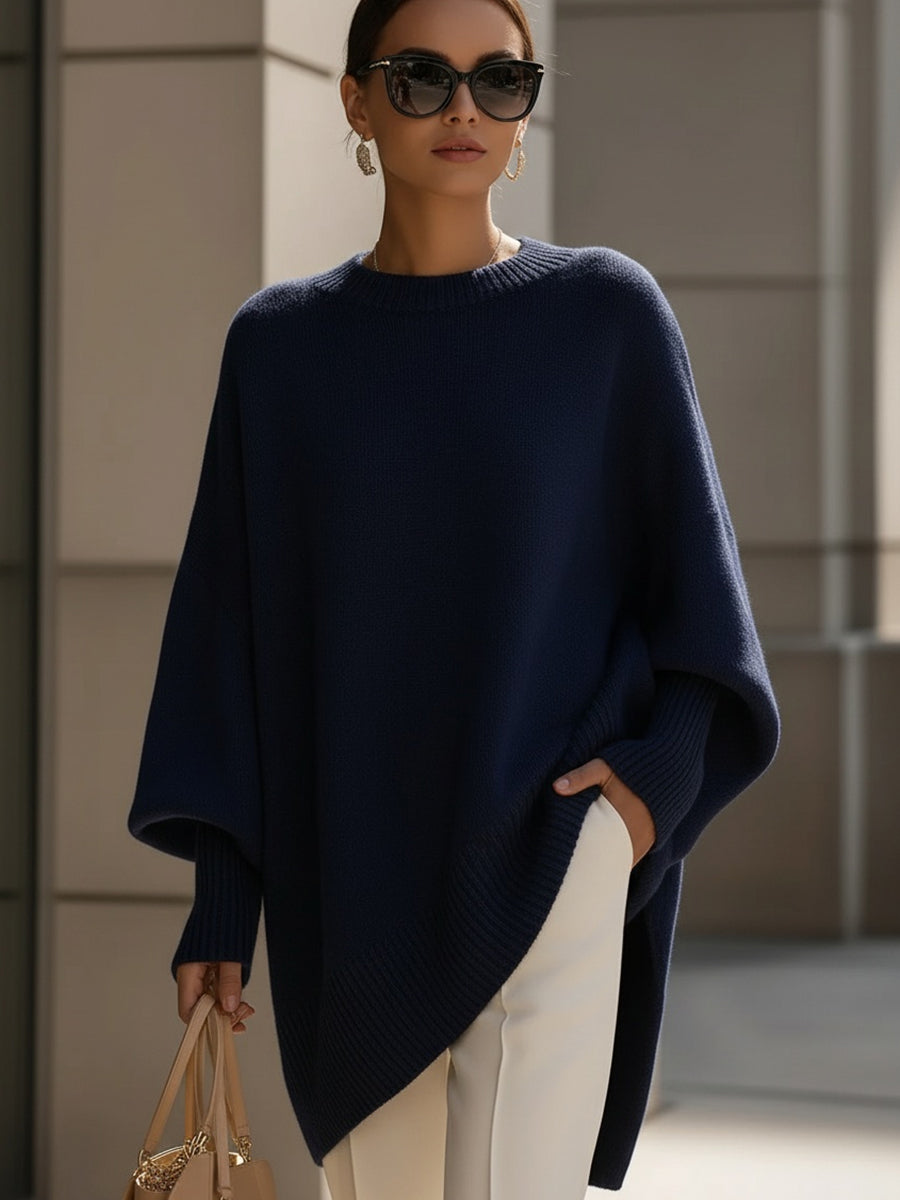 Relaxed Knit Poncho Sweater with Ribbed Cuffs