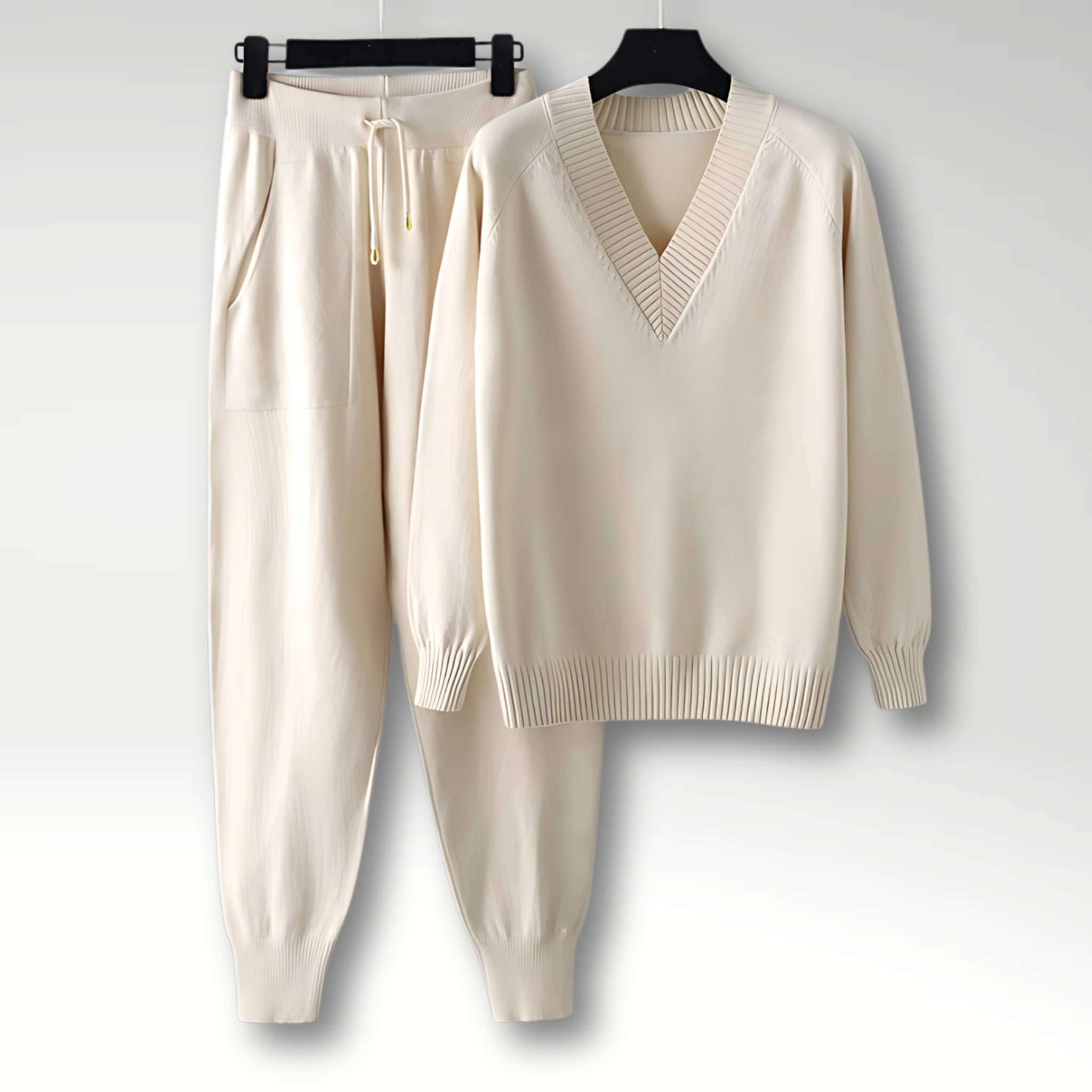 V Neck Knit Lounge Set with Relaxed Fit Pants