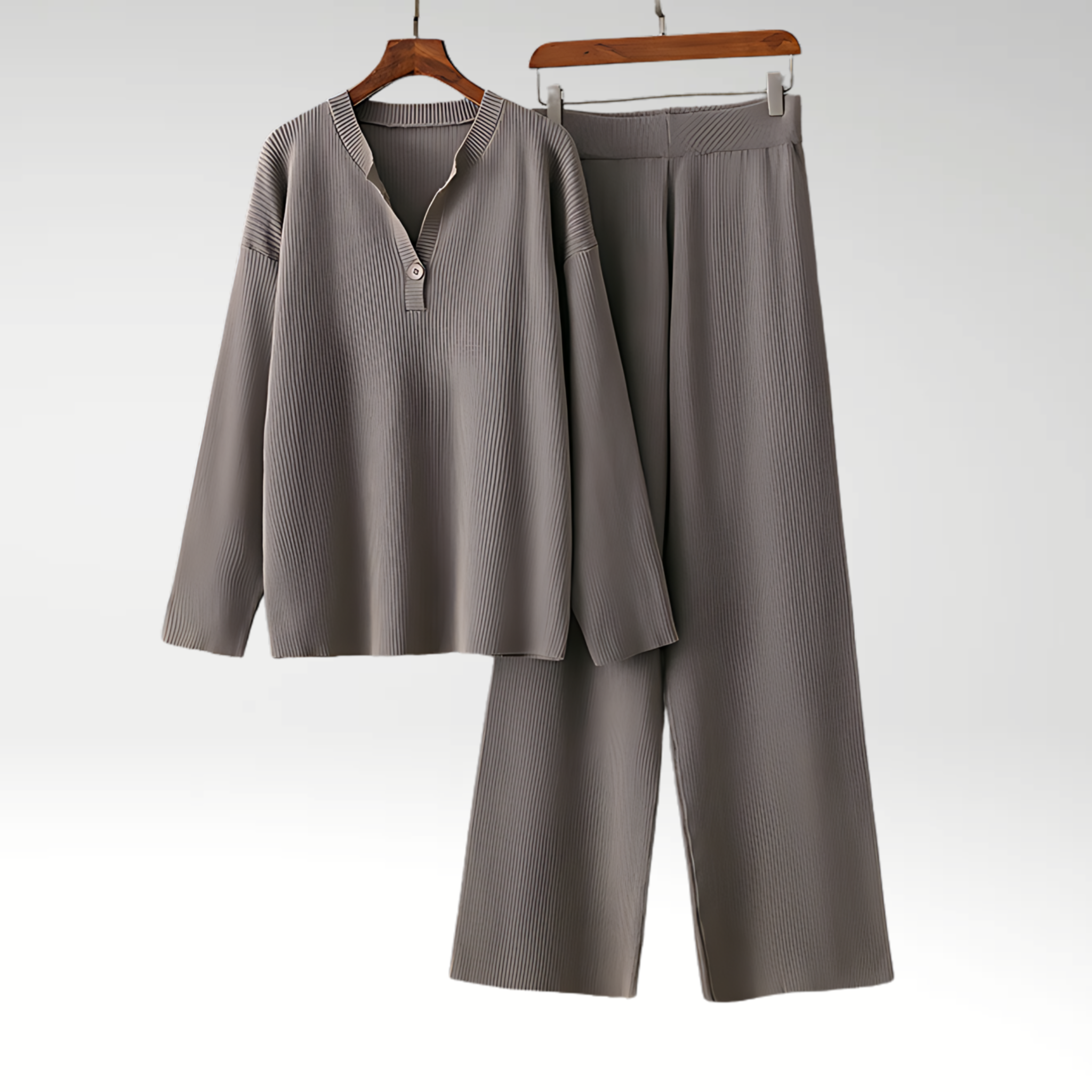 Textured Button Neck Lounge Set with Wide Leg Pants