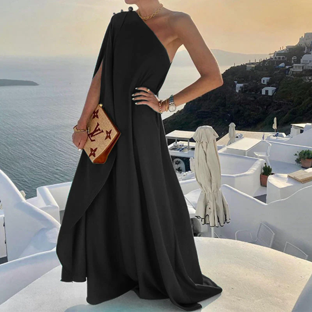Elegant One-Shoulder Flowy Maxi Evening Dress