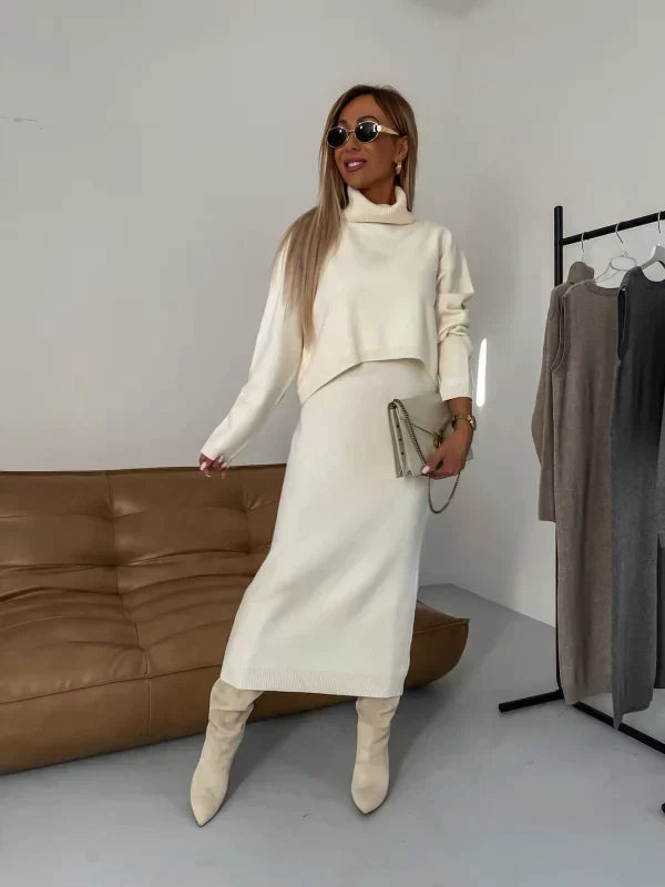Turtleneck Long Sleeve Knit Midi Dress for Cozy Elegant Style