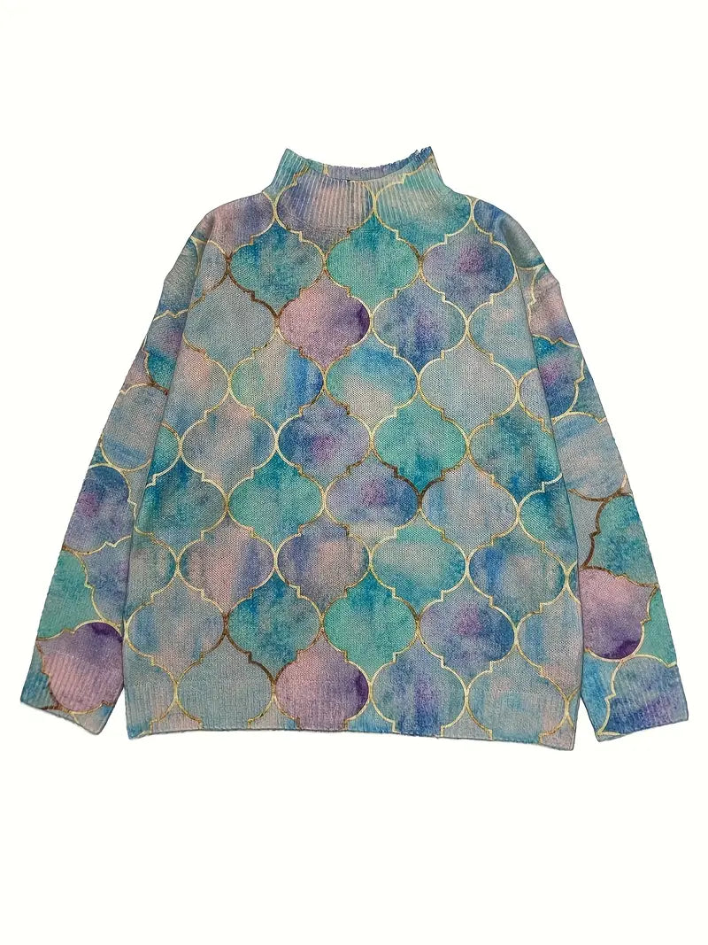 Geometric Metallic Accent Knit Turtleneck Sweater