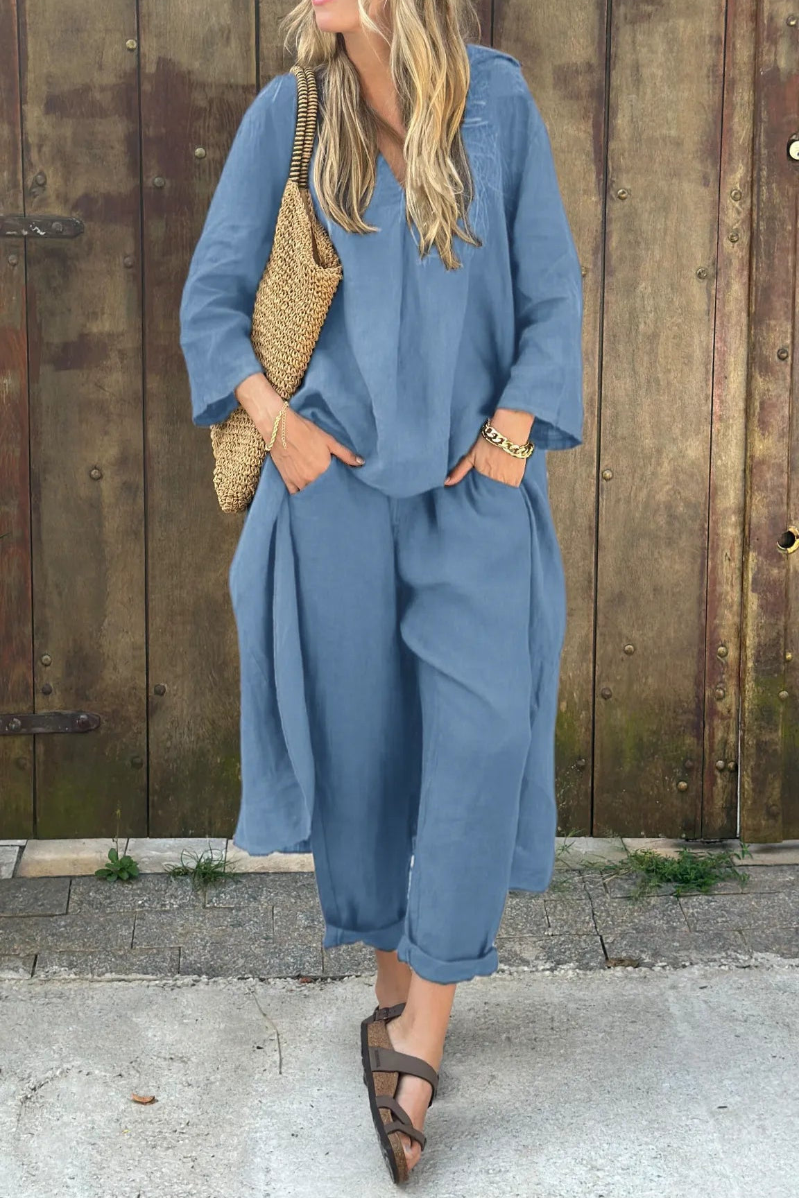 Boho Two-Piece Long Sleeve Top and Wide-Leg Pants Set