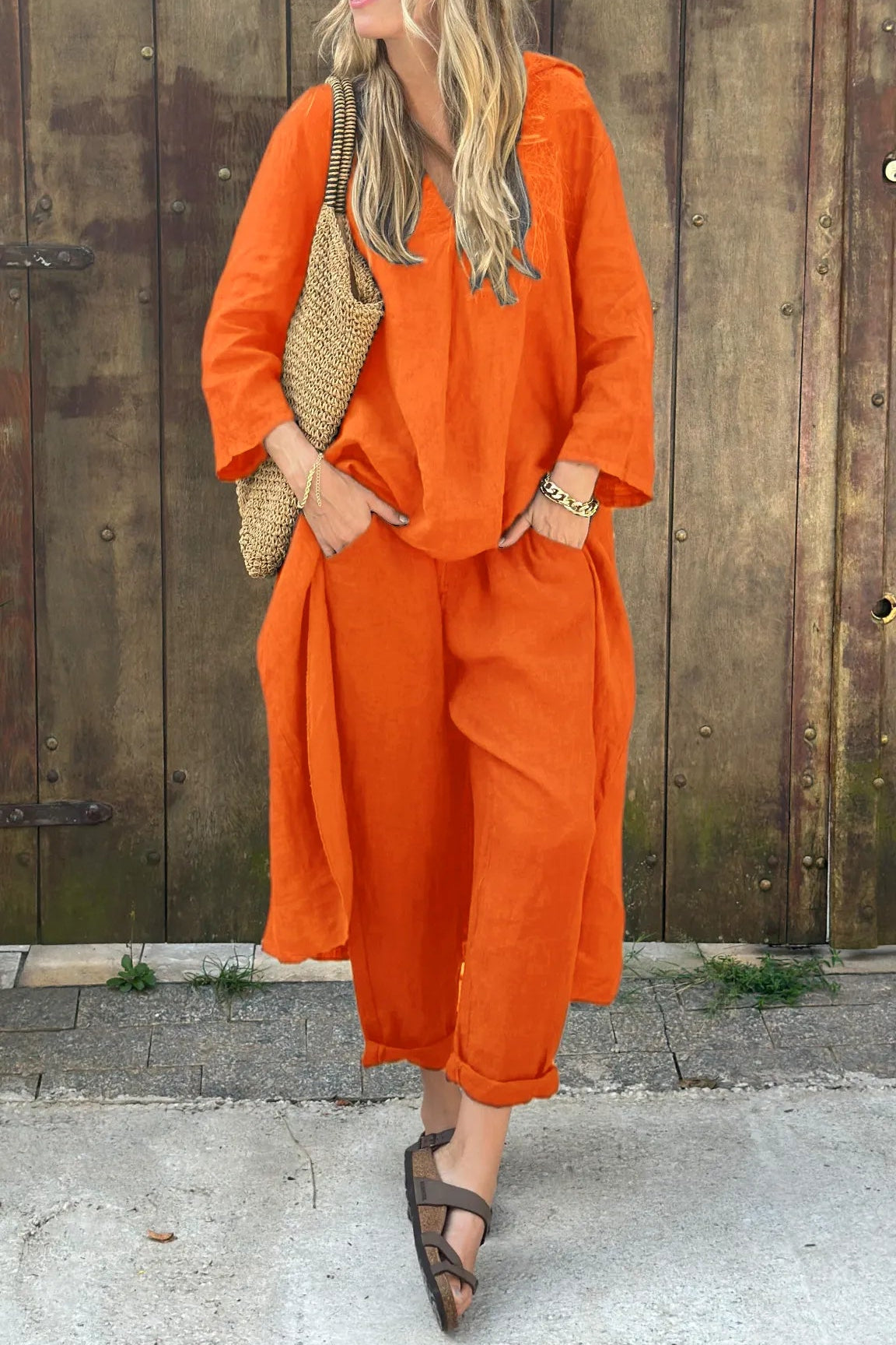 Boho Two-Piece Long Sleeve Top and Wide-Leg Pants Set