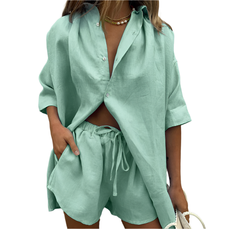 Linen Two-Piece Oversized Shirt and Drawstring Shorts Set
