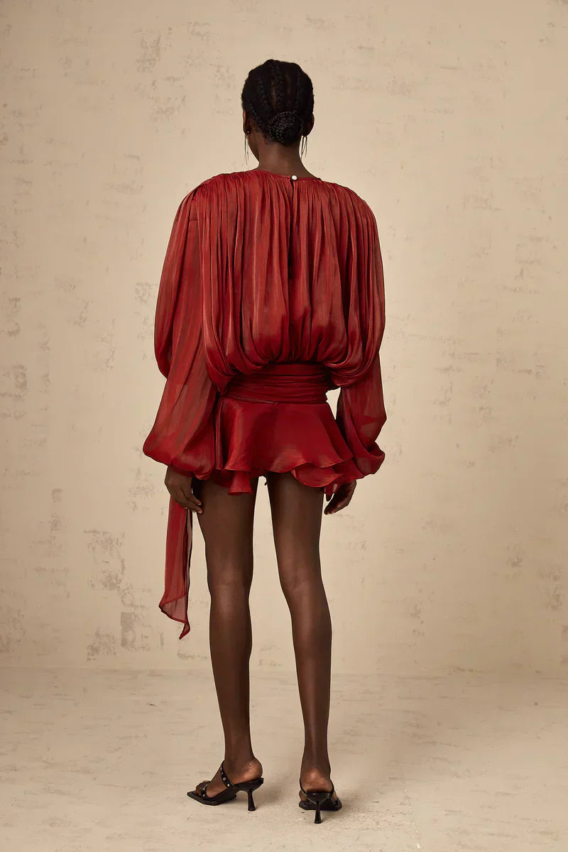 Long Sleeve Pleated Satin Mini Dress