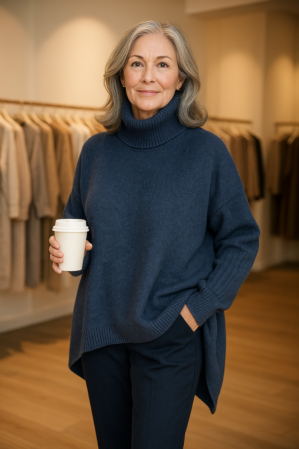 Relaxed Turtleneck Knit Sweater with Side Slit Detail