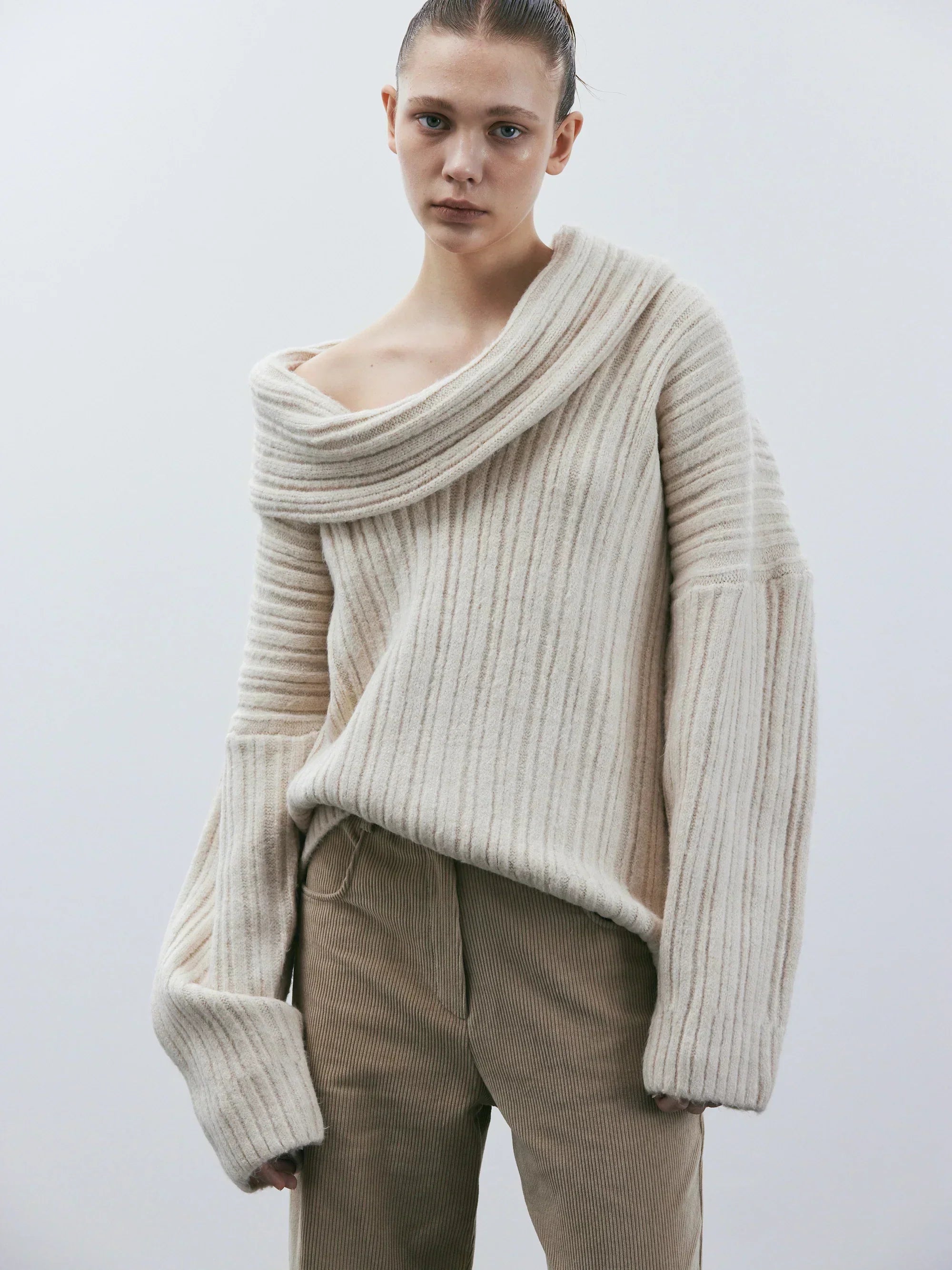 Off-Shoulder Ribbed Knit Sweater – Cozy Slouchy Pullover