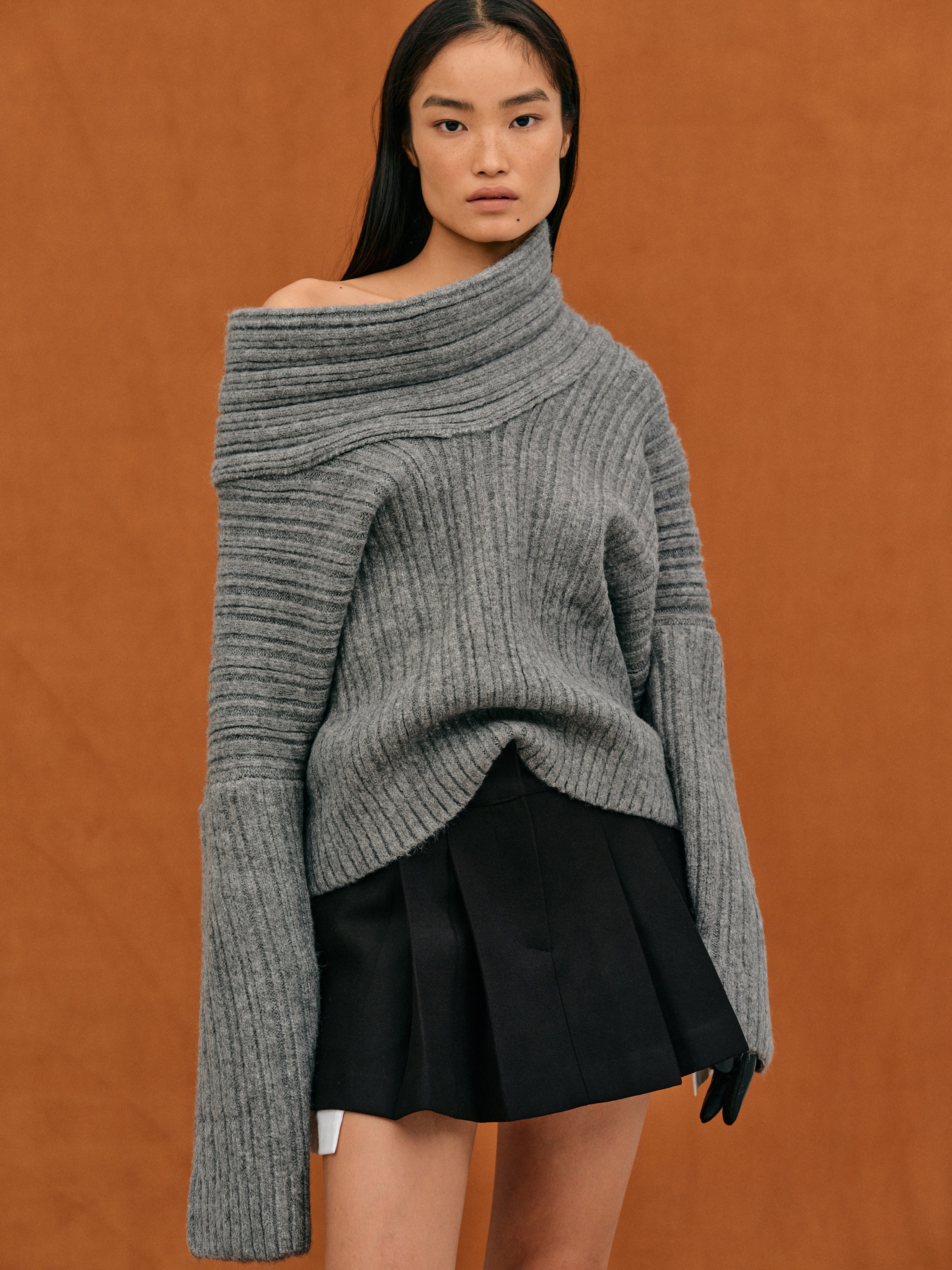 Off-Shoulder Ribbed Knit Sweater – Cozy Slouchy Pullover