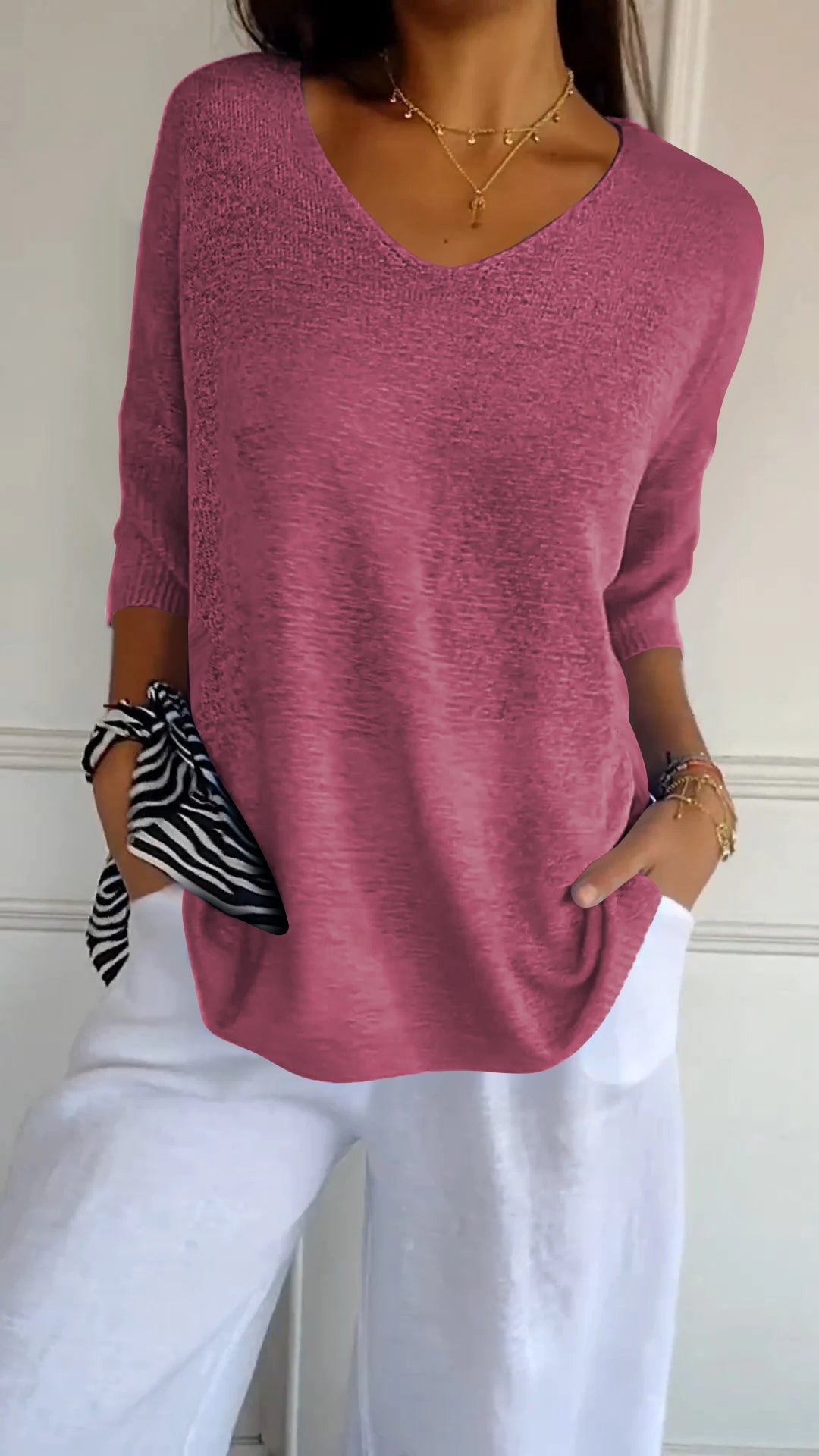 Loose Fit Lightweight V-Neck Knit Top for Women
