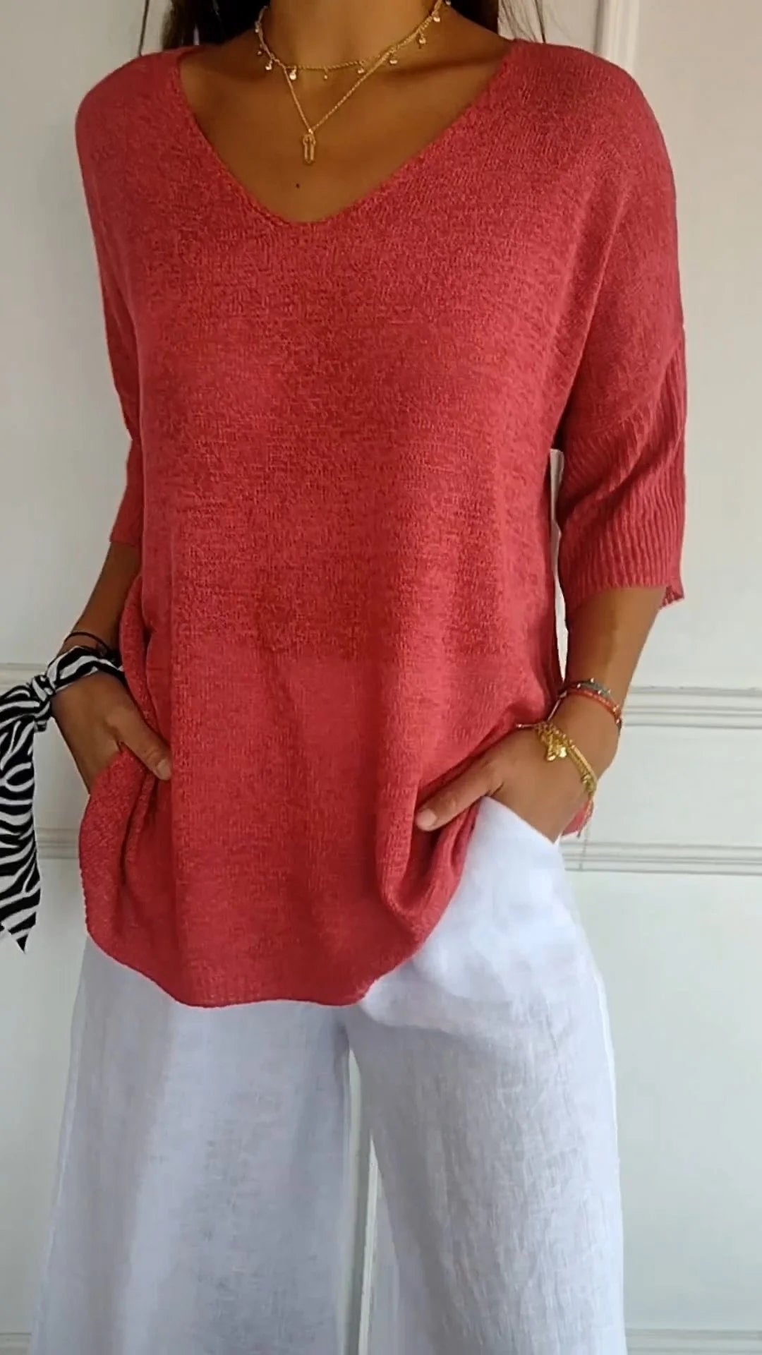 Loose Fit Lightweight V-Neck Knit Top for Women