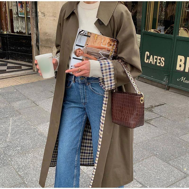 Women’s Long Casual Plaid-Lined Trench Coat