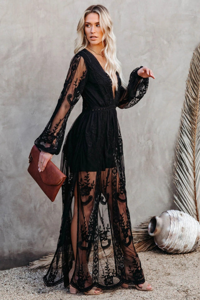 Boho Lace Maxi Dress with Deep V Neck and Flowy Long Sleeves