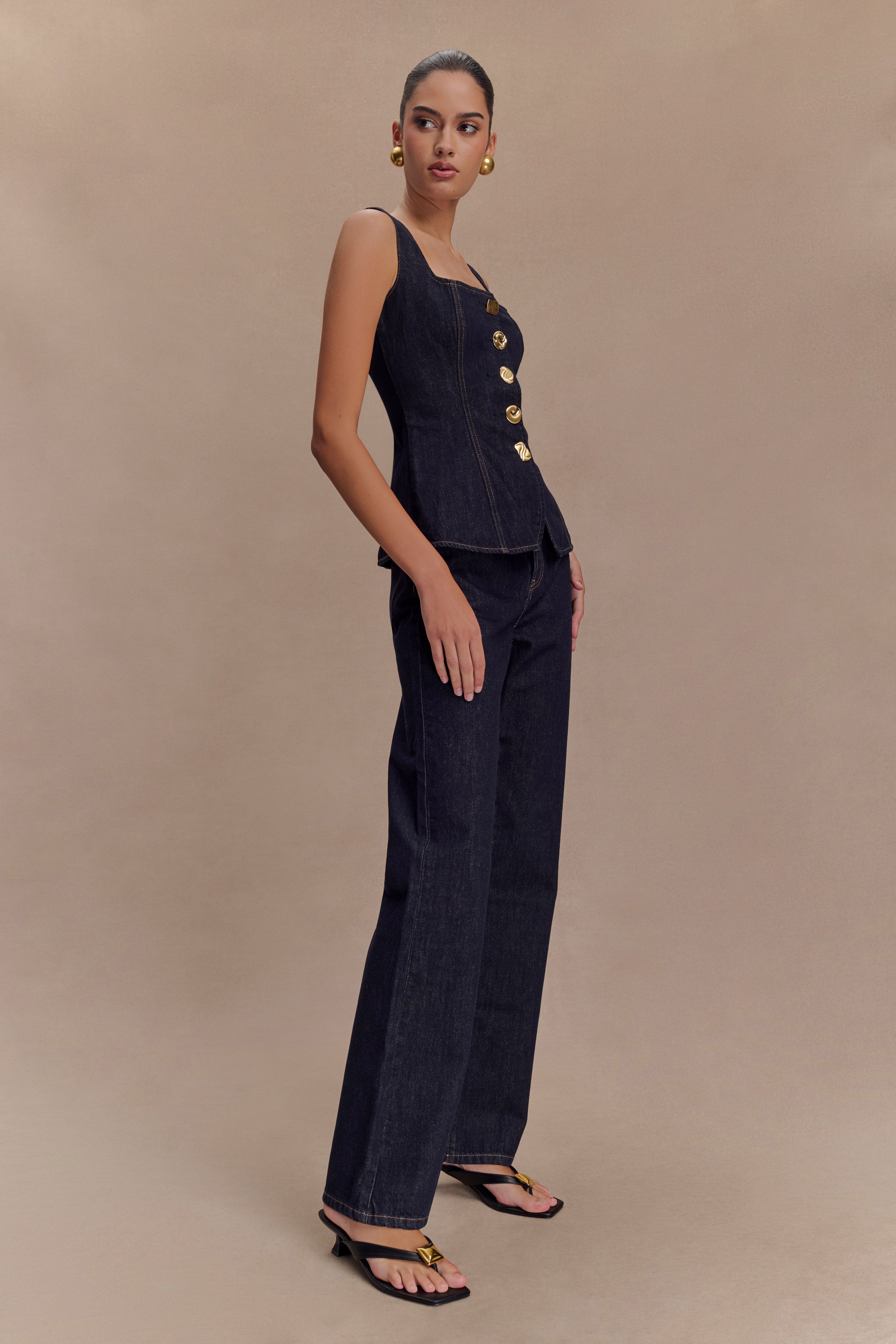 Denim Button-Front Sleeveless Corset Top & Straight-Leg Pants Set