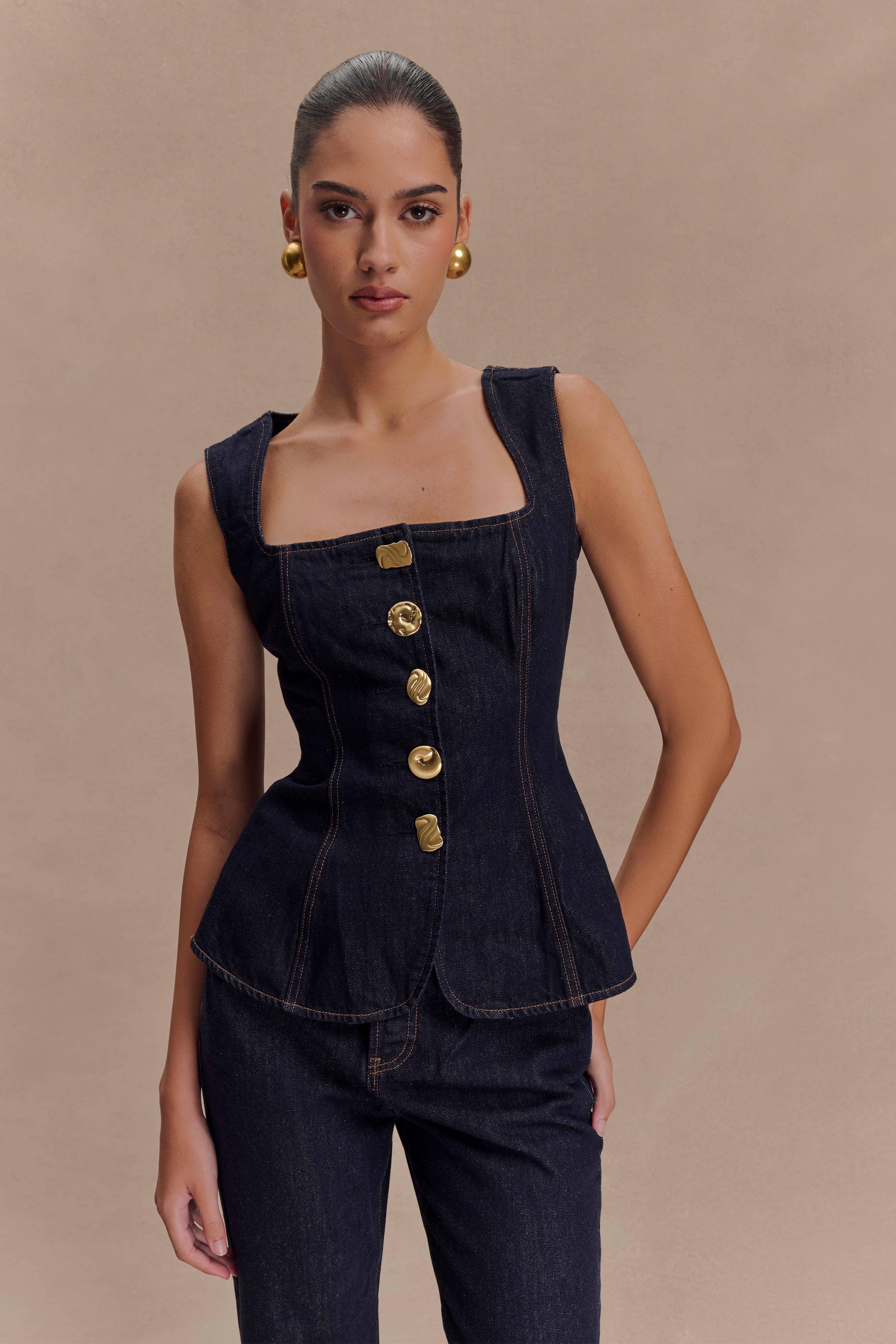 Denim Button-Front Sleeveless Corset Top & Straight-Leg Pants Set