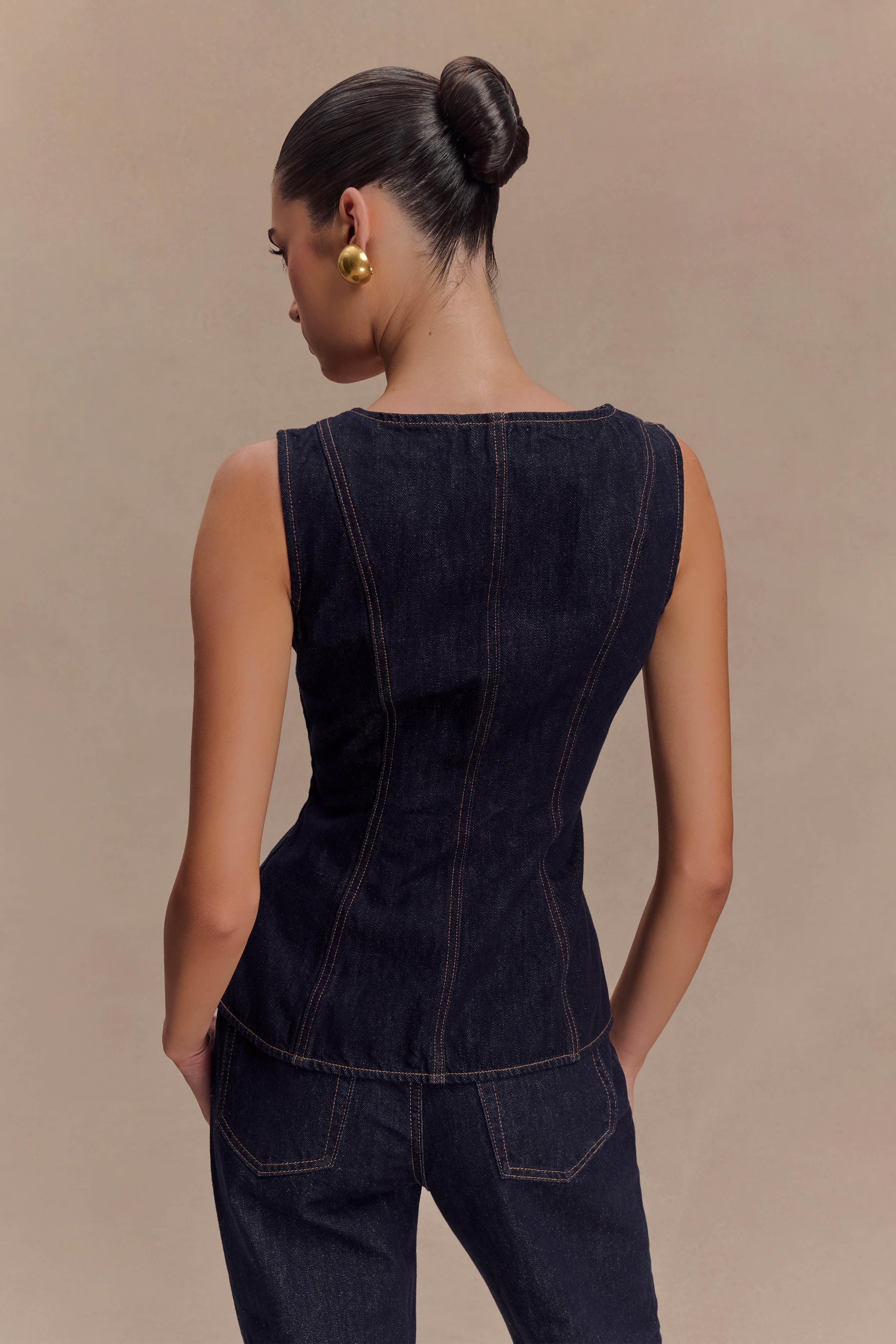 Denim Button-Front Sleeveless Corset Top & Straight-Leg Pants Set