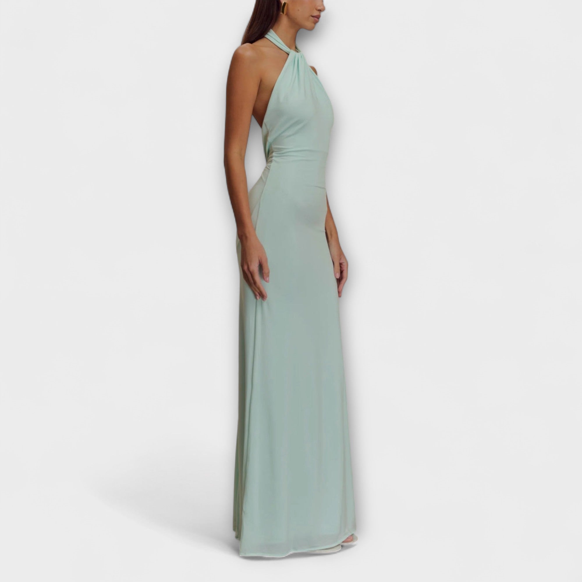 Halter Open-Back Maxi Dress with Ruched Waist