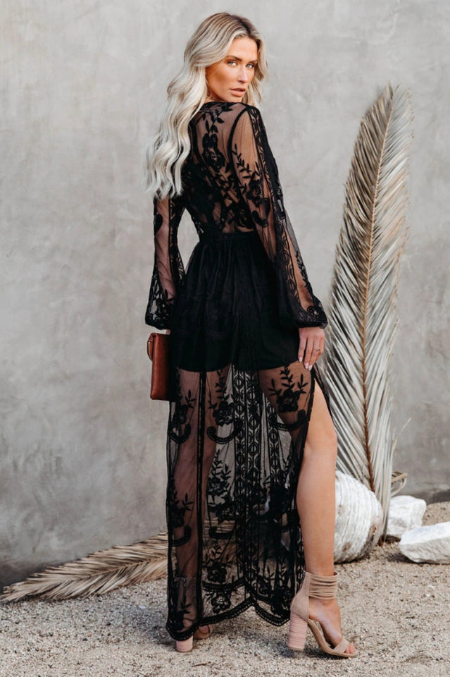 Elegant Lace Maxi Dress with Deep V-Neck and Sheer Long Sleeves
