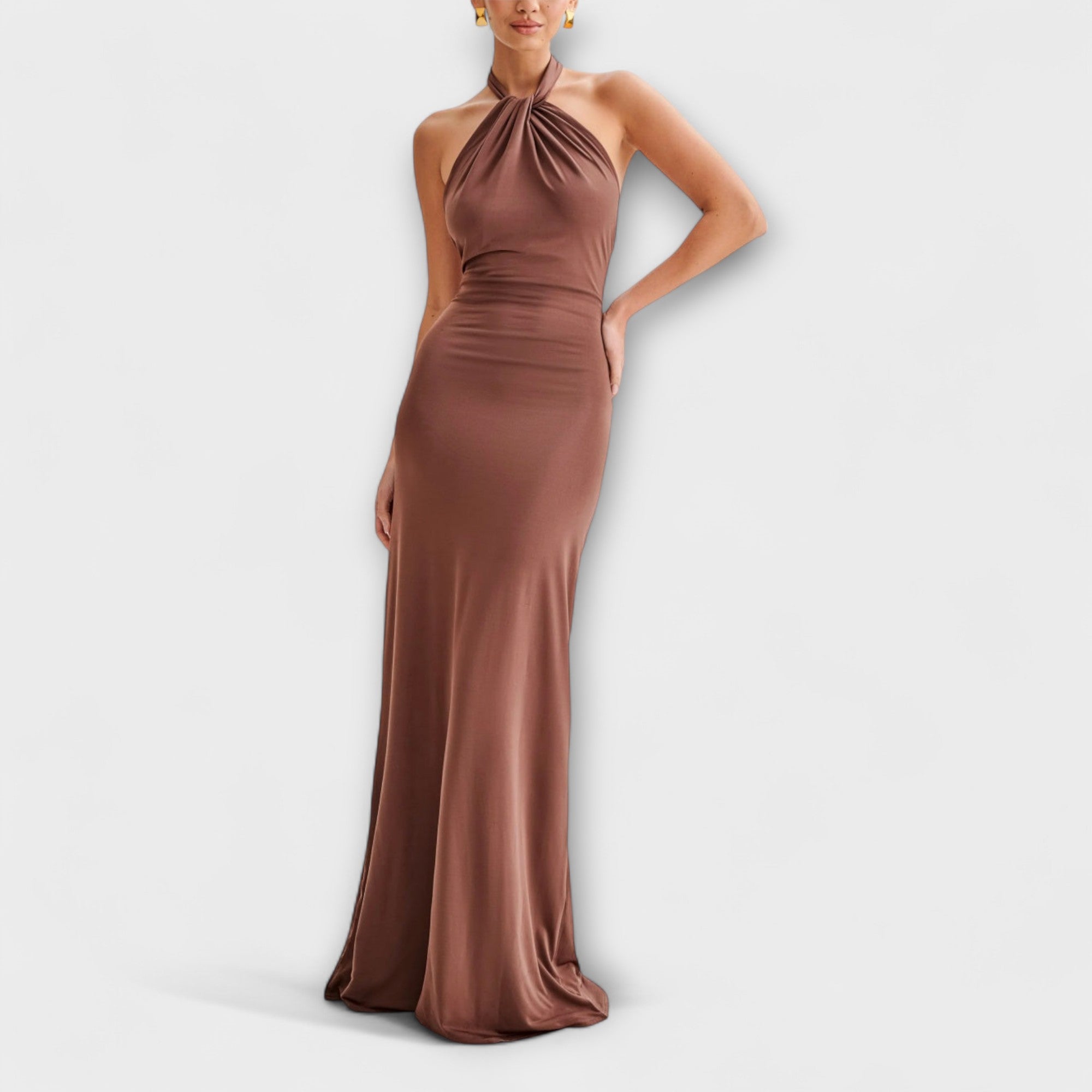 Halter Open-Back Maxi Dress with Ruched Waist